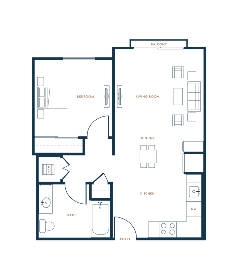Floor plan for 1 bed, 1 bath, 645 sqft